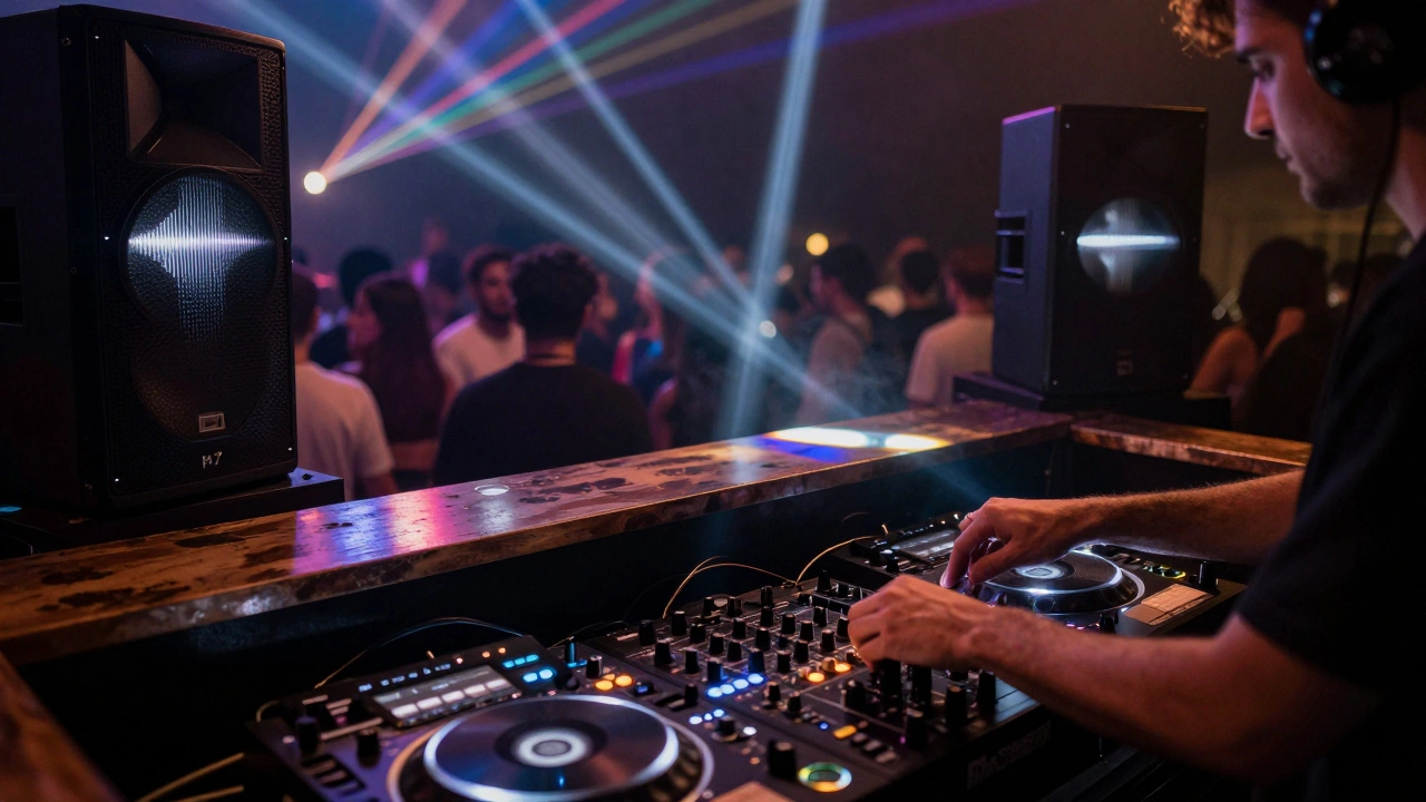Een DJ aan de mixedeck, omringd door lichtstralen en bassgolven, met een achtergrond van dansende silhouetten zonder telefoons.