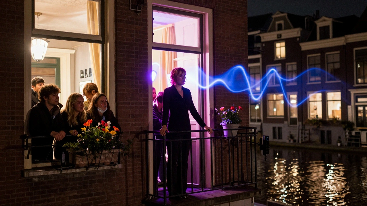 Een DJ op het balkon van Paradiso tijdens een nacht waar de muziek de straat binnendringt, mensen aan ramen met tranen.