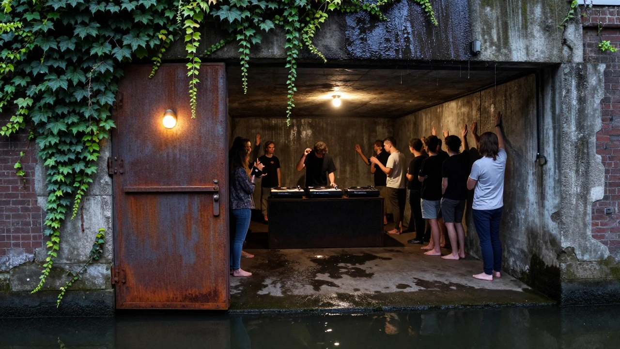 Een geheime bunker onder een gracht met een vinylspeler en mensen die de bass voelen trillen door de muur.