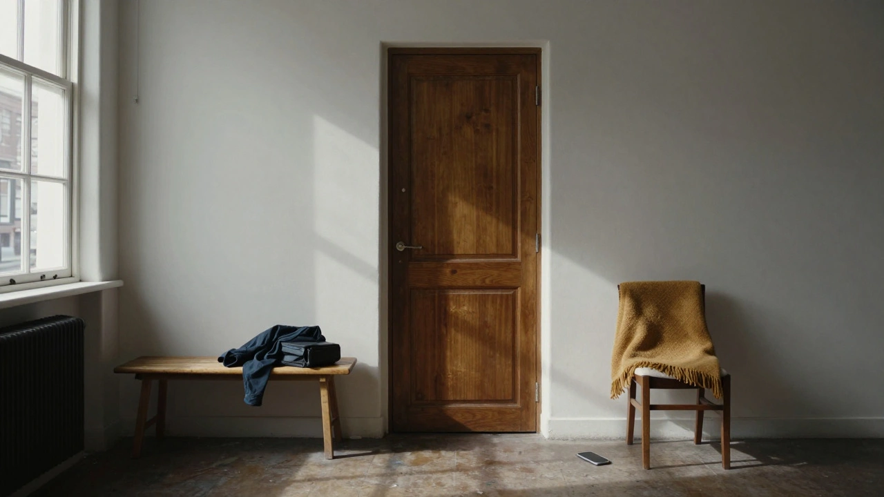 Een gesloten deur zonder bord, kleding op een bank, een telefoon op de grond — een stiller, heilig moment van privacy en ontspanning.