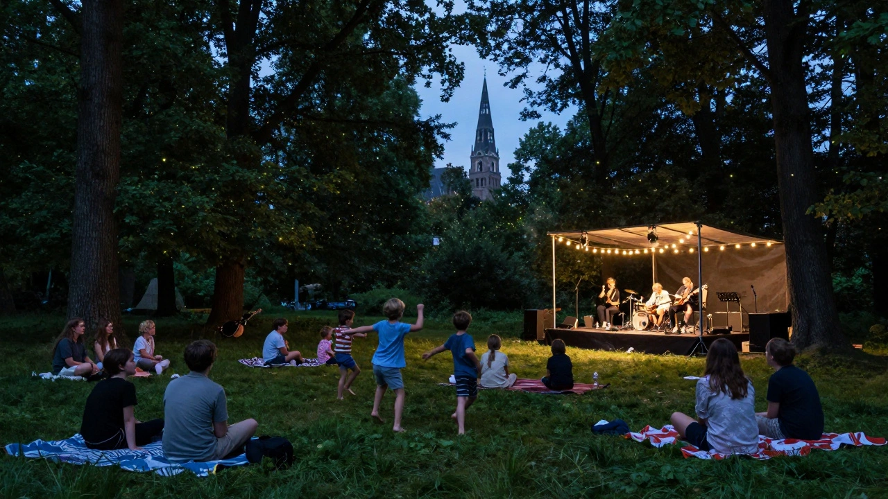 Een gratis concert in het Amsterdamse Bos, met gezinnen op de grond en kinderen die barstend dansen in het gras.