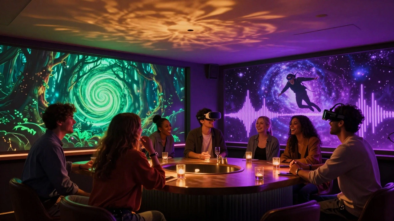 Een groep vrienden in een futuristische bar, omringd door veranderende, gloeiende omgevingen zoals bioluminescente bossen en kosmische nevels.
