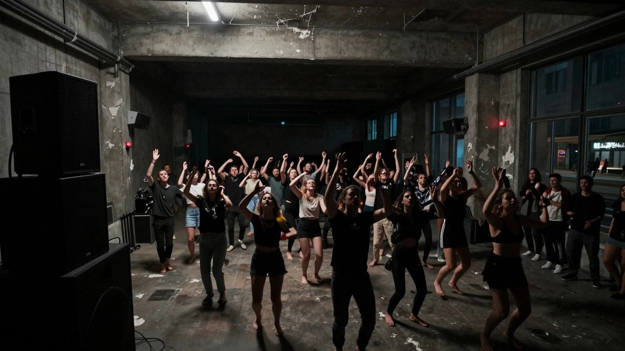 Een industriële danszaal met ruwe muren en een massa mensen die verloren zijn in de bass van een krachtig sound systeem.