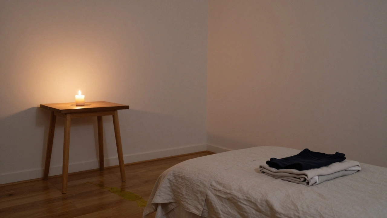 Een lege, rustige slaapkamer met een brandende kaars, een olie-spoor op de vloer en een gerimpelde linnen deken — na een intensieve massage.