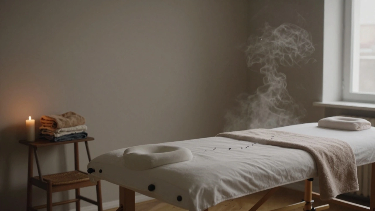 Een lege, sfeervolle massagekamer in Amsterdam met een kaars, handdoek en luchtige geur van lavendel.