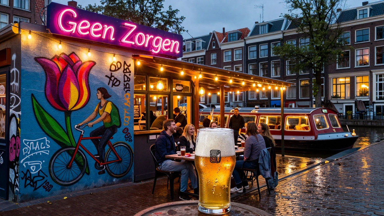 Een levendige street art pub met neonbord en graffiti van een fietser op een tulp, onder hangende lantaarns in De Pijp.