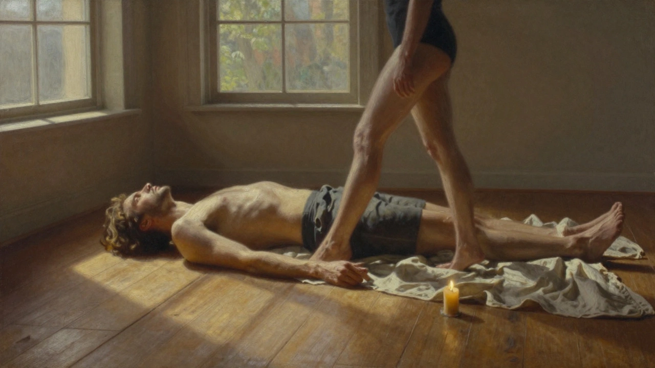 Een man ligt stilligend op de vloer terwijl een vrouw met een zachte, vloeiende beweging langs zijn lichaam glijdt, verlicht door zonlicht.