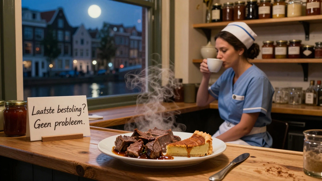 Een nachtwerker eet hutspot en appeltaart in De Vier Kleuren, met een kop koffie en een venster met kanaalreflexies.