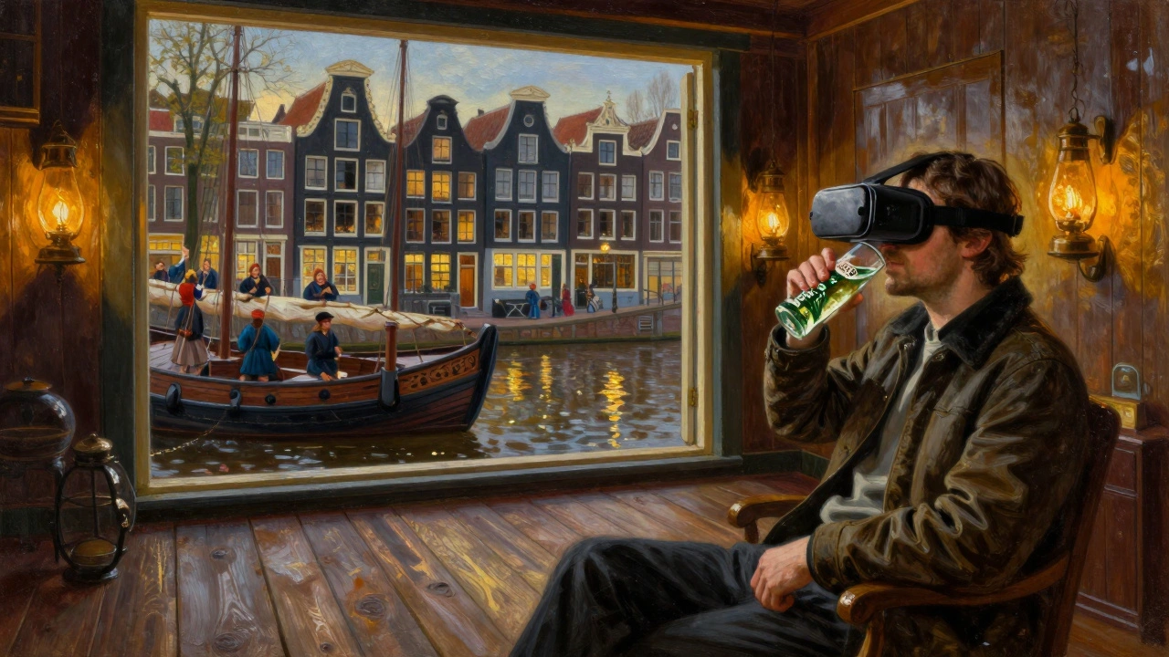 Een persoon in een 17e-eeuwse kroeg die door een VR-bril een historische Amsterdamse gracht ziet, met schepen en zangers, terwijl de echte ruimte blijft bestaan.