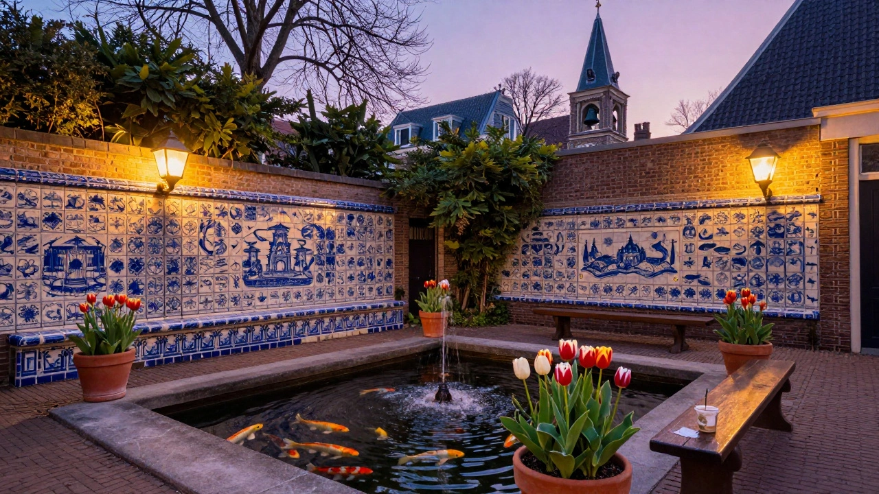 Een rustige hofbar met Delftse tegels, tulpencentrum en vissen in een fontein, verlicht door zachte lantaarnlichten.