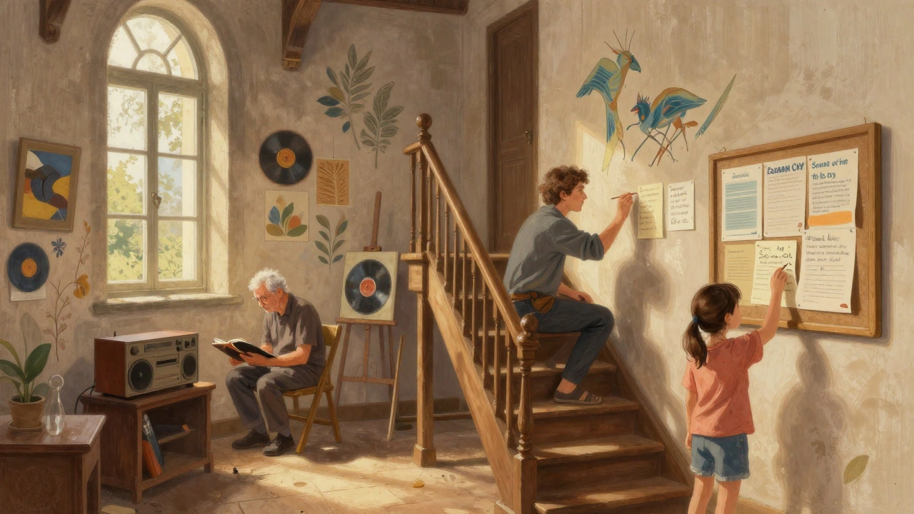 Een rustige middag in Paradiso: kunstenaars schilderen aan de muur, een man luistert naar een plaat, zonlicht valt door de ramen.