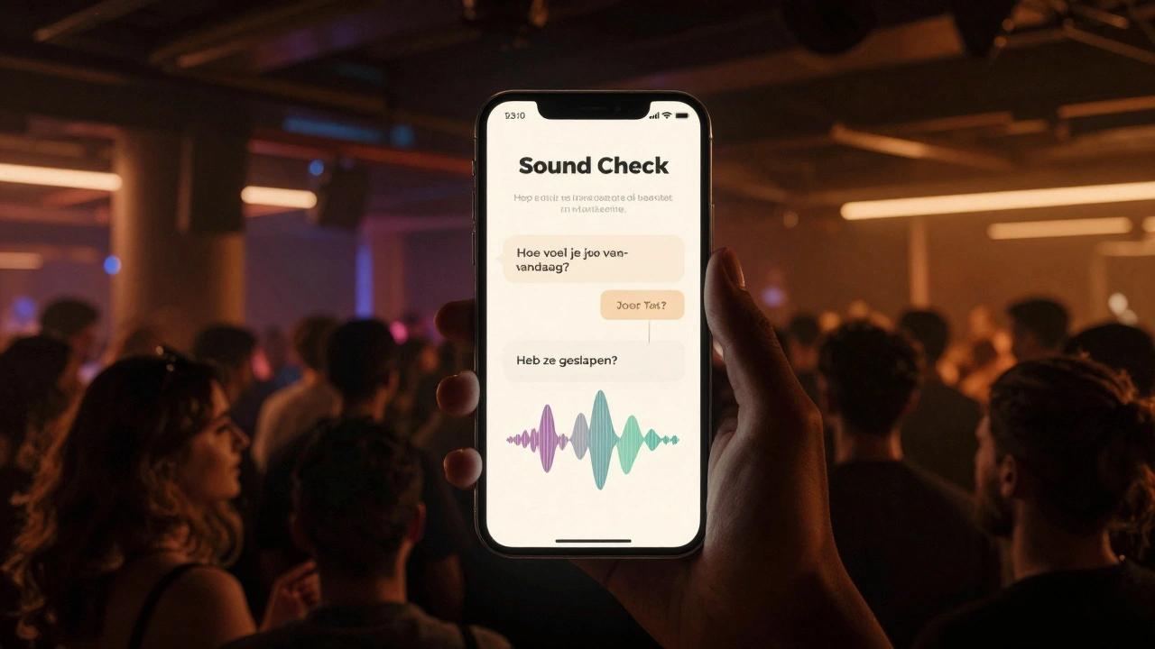 Een smartphone toont vragen over welzijn terwijl mensen een technoclub binnengaan.