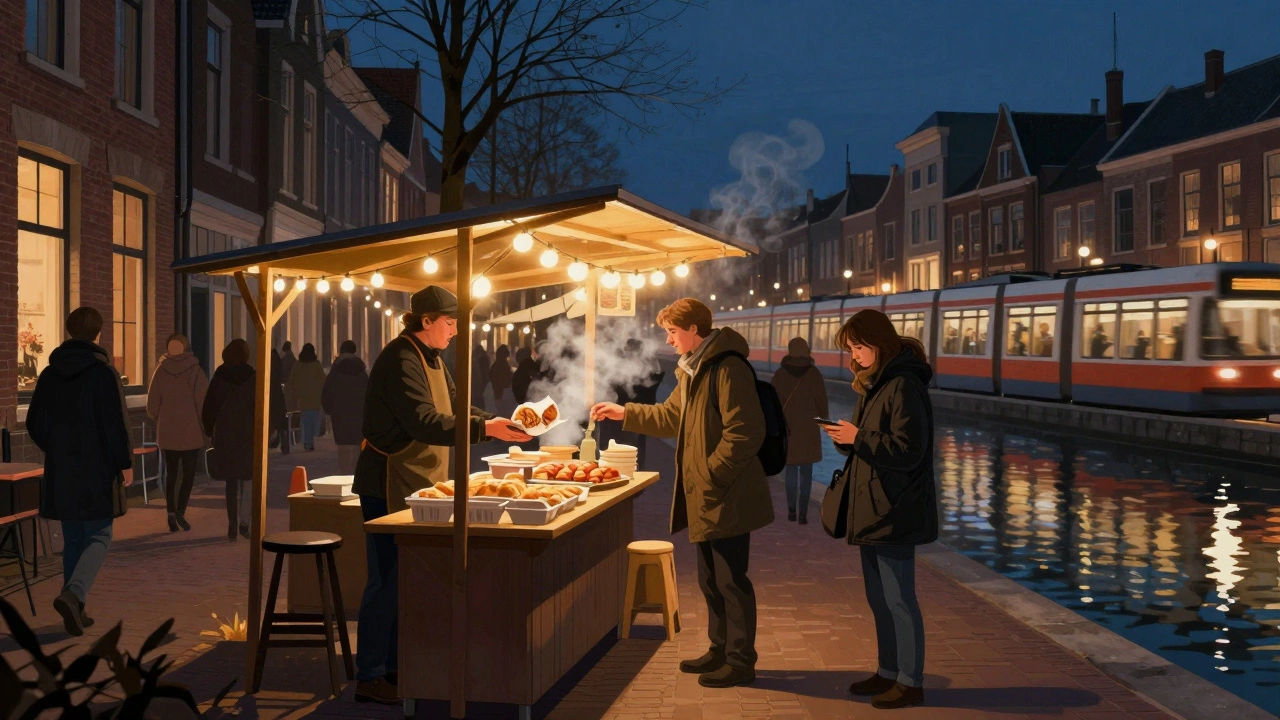 Een verkoper geeft een broodje worst aan een lokale bewoner op de nachtmarkt van Albert Cuypmarkt.