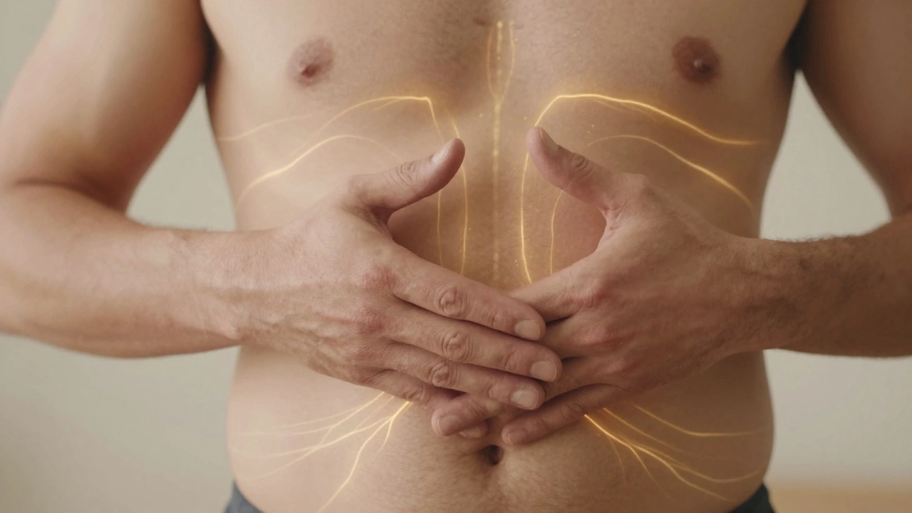 Handen op buik met zachte gloed symboliserende energie flow.