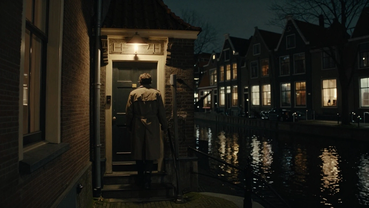 Hidden staircase leading to Bar 1929 rooftop, candlelight glowing from above, narrow Amsterdam canal reflecting dim lights.