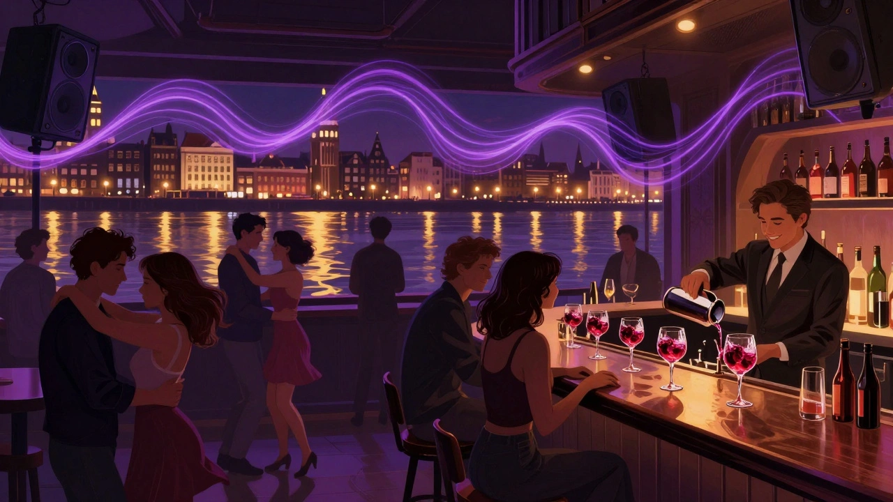 Interior of Club NYX at midnight, patrons dancing and drinking under synchronized colored lights that ripple like river reflections.