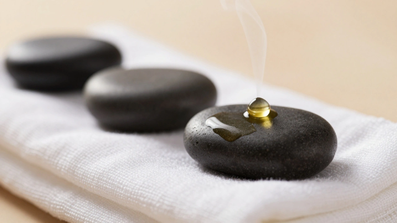 Macro-opname van gouden olie op donkere steentjes op witte handdoek.