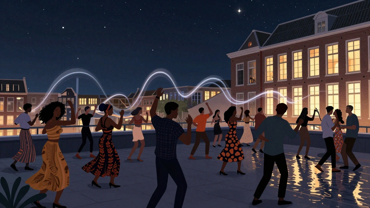 People from many countries dancing together on a rooftop in Amsterdam during a music festival, glowing city lights below, united by rhythm.