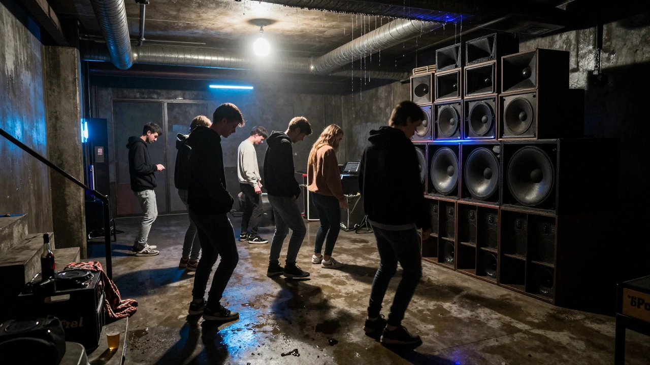 People lost in techno rhythm at De School's raw basement, sweat on concrete floor, dim overhead light.