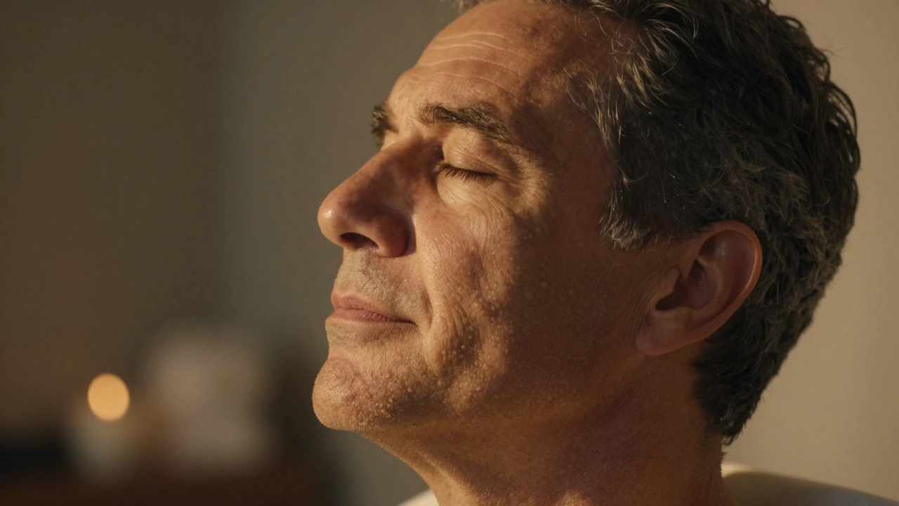 Portret van een ontspanne man met gesloten ogen in warme verlichting.