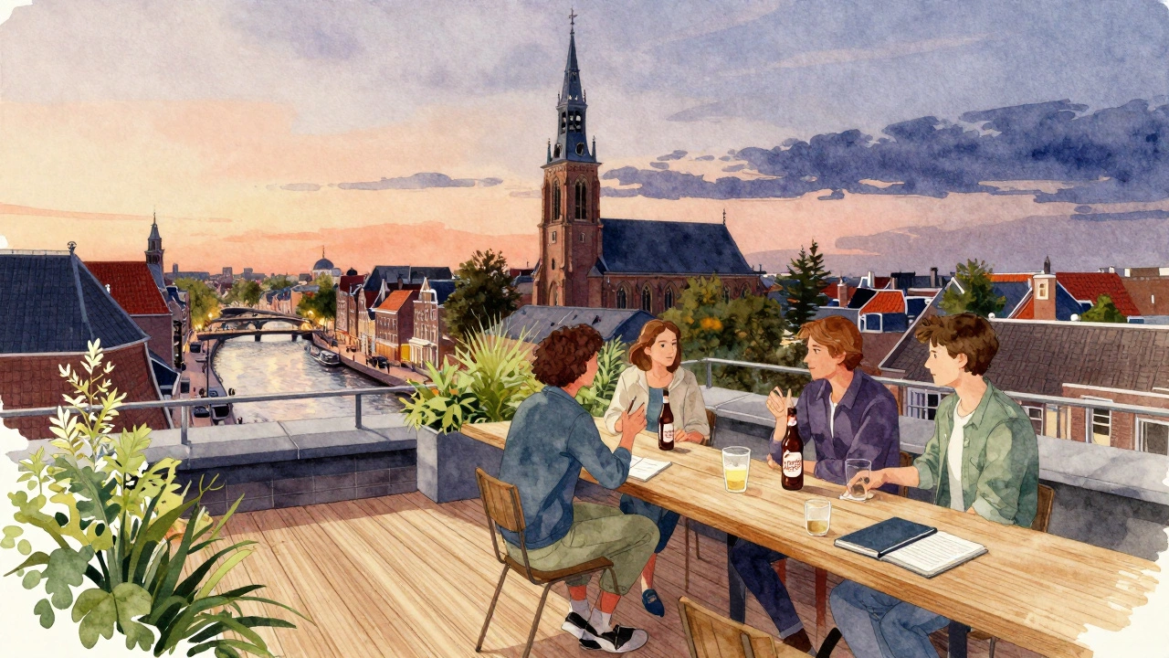 Rooftop garden bar atop a converted church with locals sharing drinks under twilight sky, plants and river in background.