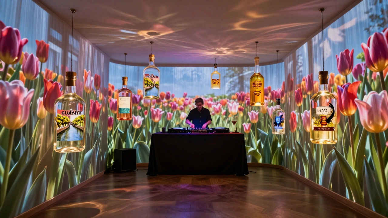 Surreal vision of Club NYX as a breathing building, with floating Dutch drinks and projected tulip fields glowing to the music.