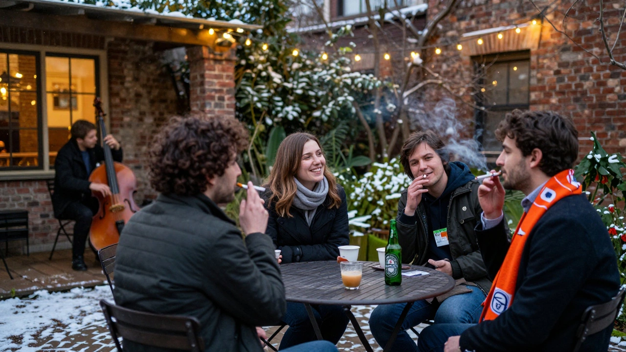 Tuin achter Paradiso: mensen delen een bier onder lantaarns, avondlicht en zachte muziek in de lucht.