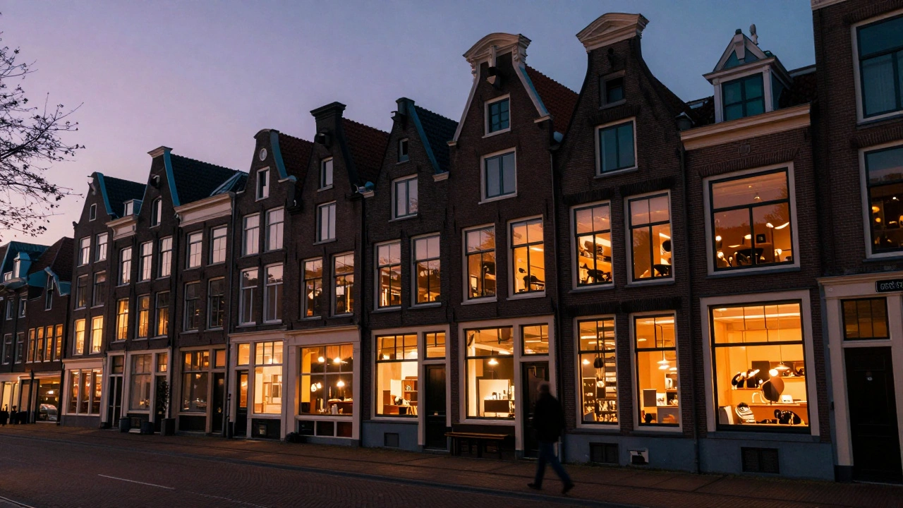 Uitzicht over De Wallen tijdens schemering met straatverlichting