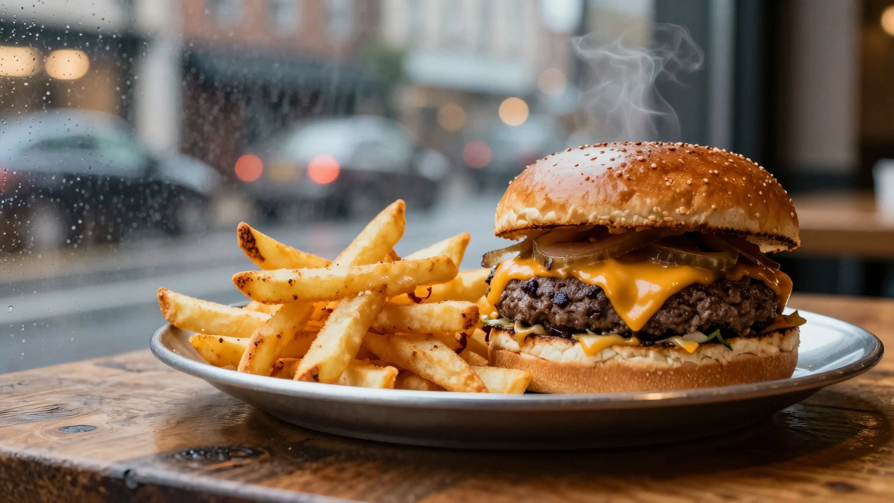 Wokgerecht op tafel met uitzicht op regenachtig straatje